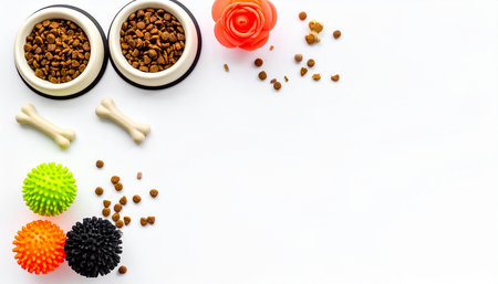 Pet care concept. Dry cat food in bowl near toy bone on white background top view space for textの素材
