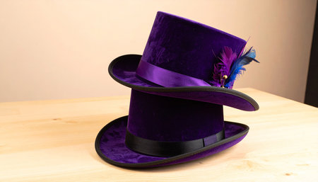 Purple top hat with feathers on a wooden table in the roomの素材