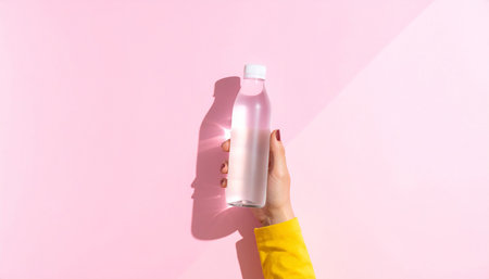 Female hand holding bottle of water on pink background with hard shadow.の素材