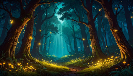 Fantasy landscape with dark forest and glowing path, 3d illustrationの素材
