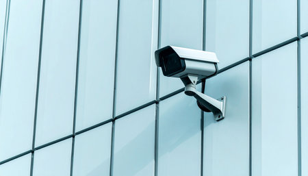 CCTV security camera on office building wall, security and safety conceptの素材