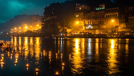 Ganges river at night, Varanasi, Uttar Pradesh, Indiaの素材
