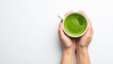 Female hands holding a cup of matcha latte on white backgroundの素材
