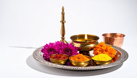 Indian Festival Dussehra, showing golden diya and flowersの素材