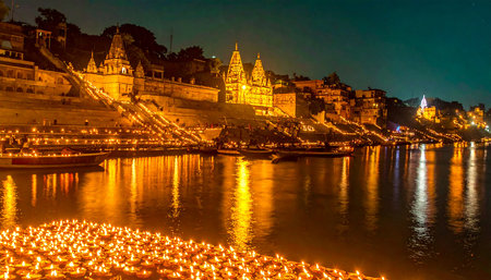 Unidentified people lighting candles on the banks of the Ganges at night.の素材