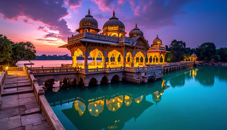 The Golden Temple of Amritsar at sunset, Punjab, Indiaの素材