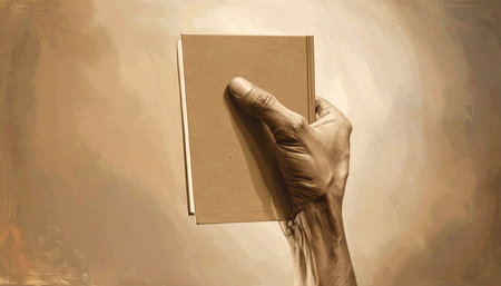 Hand holding a book in front of a grunge background with copy spaceの素材