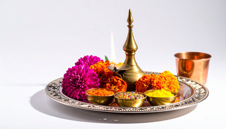 Indian Festival Dussehra, showing golden kumkum and flowersの素材