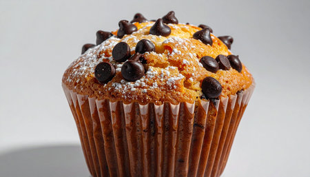 Muffin with chocolate chips and icing sugar on a white backgroundの素材