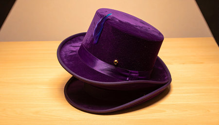 Purple hat on a shelf in a shop, closeup of photoの素材