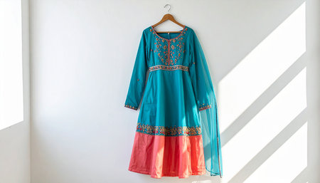 indian dress on a hanger in the white room with sunlightの素材
