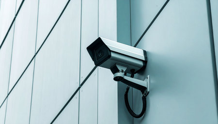 CCTV camera on the wall of office building, security concept.の素材