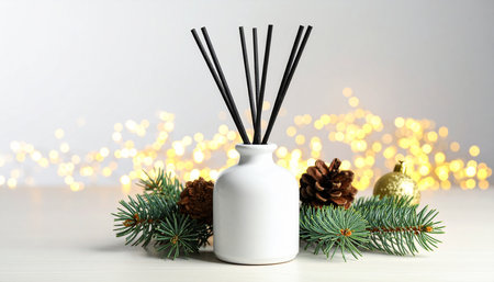 Air freshener with fir branches and Christmas decor on white wooden tableの素材