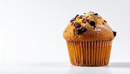 Muffin with chocolate chips on a white background. Selective focus.の素材