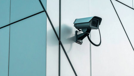 CCTV security camera or surveillance system on the wall of office buildingの素材
