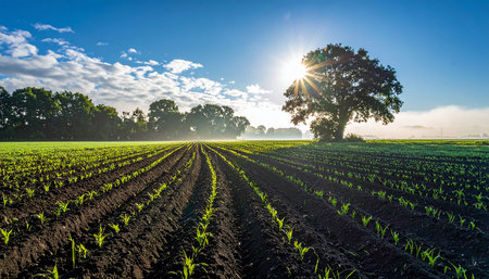 sunset over corn seedlings growing in a field, agricultural landscapeの素材