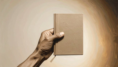Hand holding a book with copy space on the left side, conceptual imageの素材