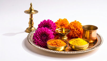 Indian Festival Dussehra, showing golden bowl full of colorful flowers and floral garlandsの素材