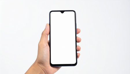 Mockup image of a hand holding black mobile phone with isolated screen on white backgroundの素材