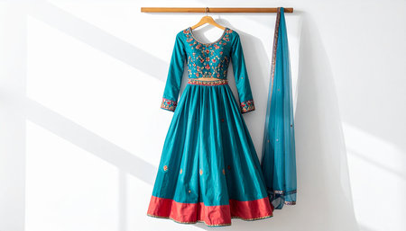 indian dress on hanger with shadow on white wall background.の素材