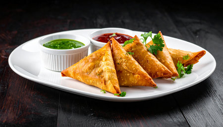Fried samosas served with green chutney and tomato sauceの素材