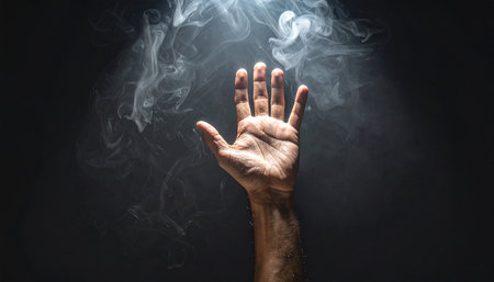 Man's hand with smoke on dark background, close up view.の素材