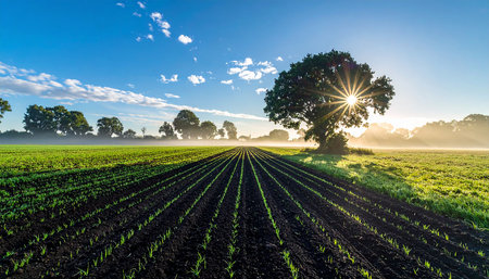 Sunset over corn field with single tree in the foreground. Agricultural landscape.の素材