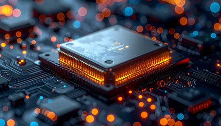 Close-up view of a modern GPU card with colorful bokeh background.の素材