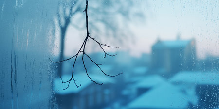 Winter background with frozen window glass and blurred cityscape in the backgroundの素材