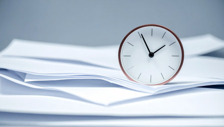 Clock on the stack of paper. Time management and business concept.の素材