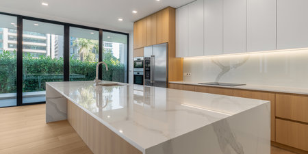 interior of modern kitchen with white marble countertop, panoramaの素材