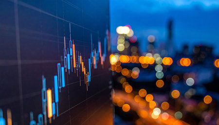 Candle stick graph chart with indicator showing bullish point or bearish point, up trend or down trend of price of stock market or stock exchange trading, investment and financial concept.の素材