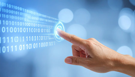 hand pushing a button on a touch screen interface with a binary codeの素材