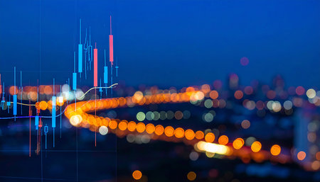 Financial chart on blurred cityscape background, business and investment concept.の素材