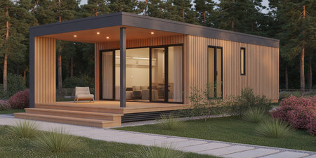 3d rendering of a modern house with a garden and a gardenの素材