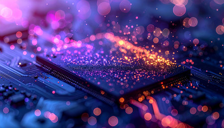 Close-up of electronic circuit board with bokeh background.の素材