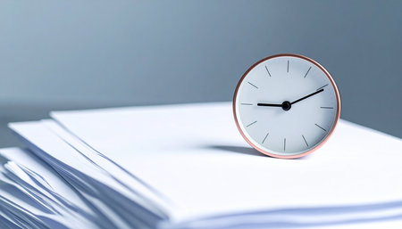 Clock on the stack of paper, Time management concept, business backgroundの素材