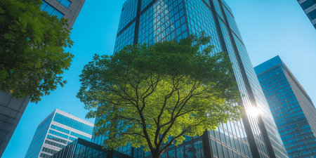 Low angle view of tree and skyscrapers in hongkongの素材