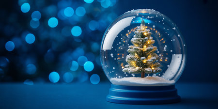 Snow globe with christmas tree on blue bokeh background.の素材