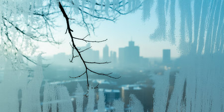 Frosted window in the city. Conceptual image of winterの素材