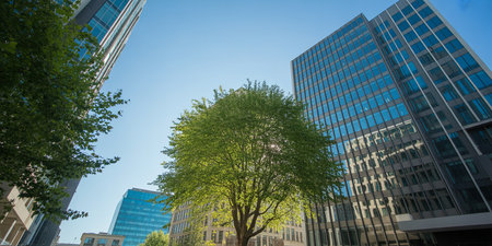 Low angle view of trees and buildings in downtown Toronto, Canada.の素材
