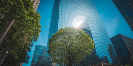 Low angle view of a tree and skyscrapers in the cityの素材