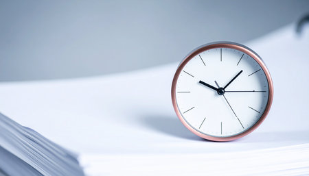 Closeup of a clock on a pile of paper with copy spaceの素材