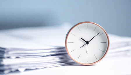 Clock on stack of documents. Time management and time management concept.の素材