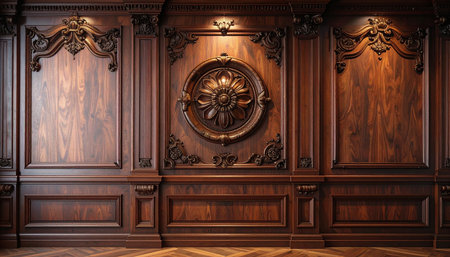 3D rendering of a classic wooden interior with wood panels and decorative elementsの素材