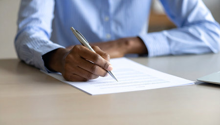 Close up of a businessman signing a contract with a silver pen.の素材