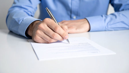 Businessman signing a contract. Close-up of a man signing a document.の素材