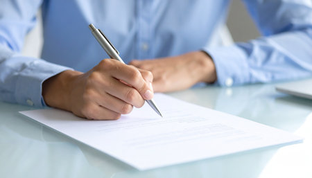 Close-up of businesswoman's hand signing contract at office deskの素材