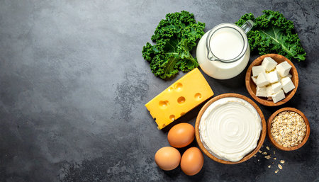 Dairy products. Milk, sour cream, cheese, eggs, oat flakes and kale on stone table. Top view with copy spaceの素材