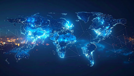 Global network connection concept on dark blue background. 3D Renderingの素材